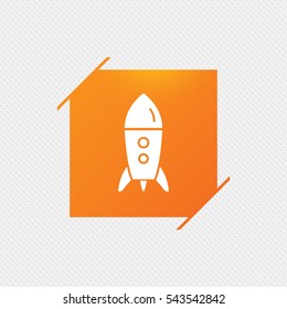 Start up icon. Startup business rocket sign. Orange square label on pattern. Vector