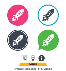 Start up icon. Startup business rocket sign. Report document, information sign and light bulb icons. Vector