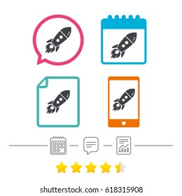 Start up icon. Startup business rocket sign. Calendar, chat speech bubble and report linear icons. Star vote ranking. Vector