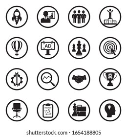 Start Up Icons. Black Flat Design In Circle. Vector Illustration.