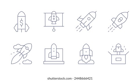 Iconos de inicio. Trazo editable. Conteniendo cohete, inicio, nuevo producto.