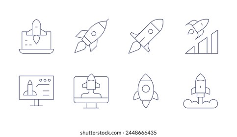 Start up icons. Editable stroke. Containing monitor, release, startup, advancement, spaceship.