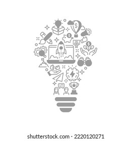 Start up icons in lightbulb line vector template. Business startup icon set in light bulb.