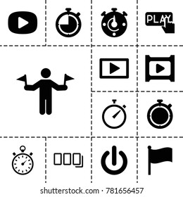 Start icons. set of 13 editable filled start icons such as man with flags, flag, play, stopwatch, switch off, finger pressing play button