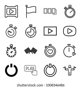 Start icons. set of 16 editable outline start icons such as switch off, man with flags, stopwatch, flag, play, finish flag, finger pressing play button