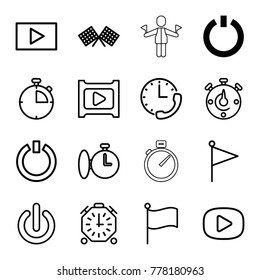 Start icons. set of 16 editable outline start icons such as switch off, flag, play, finish flag, stopwatch