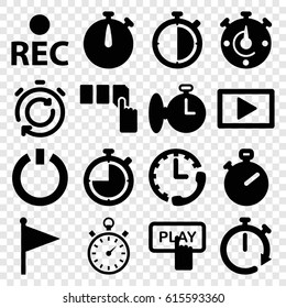 Start icons set. set of 16 start filled icons such as Finger pressing play button, push button, rec, play, stopwatch, switch off