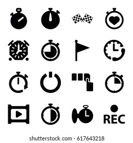 Start icons set. set of 16 start filled icons such as push button, stopwatch, rec, play, finish flag, switch off