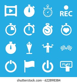 Start icons set. set of 16 start filled icons such as man with flags, Finger pressing play button, stopwatch, rec, play, switch off, finish flag