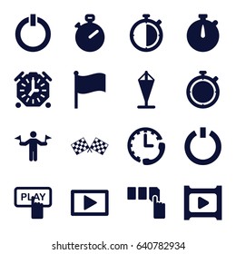 Start icons set. set of 16 start filled icons such as man with flags, finger pressing play button, push button, play, switch off, finish flag, stopwatch