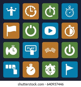 Start icons set. set of 16 start filled icons such as man with flags, finger pressing play button, push button, finish flag, stopwatch, switch off, play