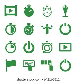 Start icons set. set of 16 start filled icons such as man with flags, finger pressing play button, push button, play, stopwatch, switch off