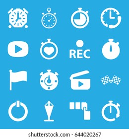 Start icons set. set of 16 start filled icons such as push button, stopwatch, rec, switch off, finish flag, play