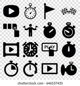 Start icons set. set of 16 start filled icons such as man with flags, finger pressing play button, push button, play, stopwatch, finish flag