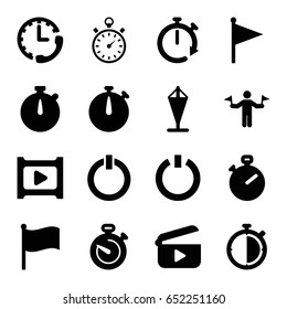 Start icons set. set of 16 start filled icons such as man with flags, play, stopwatch, switch off