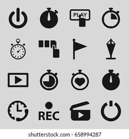 Start icons set. set of 16 start filled icons such as finger pressing play button, push button, stopwatch, rec, play, switch off
