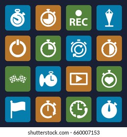 Start icons set. set of 16 start filled icons such as stopwatch, rec, play, switch off, finish flag