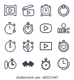 start icons set. Set of 16 start outline icons such as stopwatch, rec, play, switch off