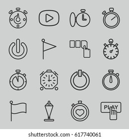 Start icons set. set of 16 start outline icons such as Finger pressing play button, push button, stopwatch, switch off, play