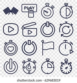 Start icons set. set of 16 start outline icons such as finger pressing play button, stopwatch, switch off, play, finish flag