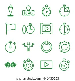 Start icons set. set of 16 start outline icons such as man with flags, stopwatch, rec, play, switch off, finish flag