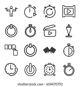 Start icons set. set of 16 start outline icons such as man with flags, push button, play, switch off, stopwatch, finish flag