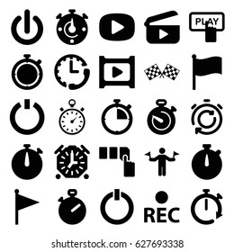 Start icons set. set of 25 start filled icons such as man with flags, Finger pressing play button, push button, rec, play, stopwatch, switch off, finish flag