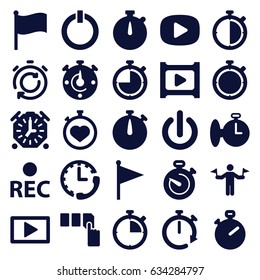 Start icons set. set of 25 start filled icons such as man with flags, push button, stopwatch, rec, play, switch off