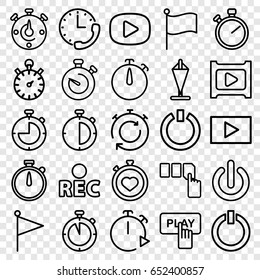 Start icons set. set of 25 start outline icons such as finger pressing play button, push button, stopwatch, rec, play, switch off
