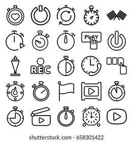 Start icons set. set of 25 start outline icons such as finger pressing play button, push button, stopwatch, rec, play, switch off, finish flag