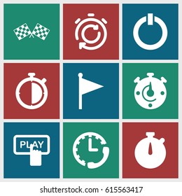 Start icons set. set of 9 start filled icons such as Finger pressing play button, switch off, finish flag, stopwatch