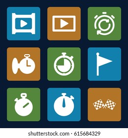 Start icons set. set of 9 start filled icons such as play, finish flag, stopwatch