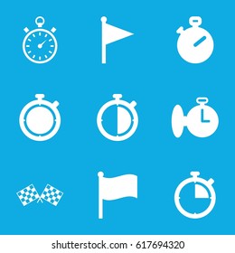 Start icons set. set of 9 start filled icons such as finish flag, stopwatch