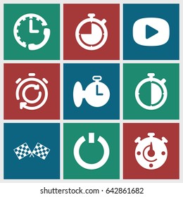 Start icons set. set of 9 start filled icons such as finish flag, switch off, play