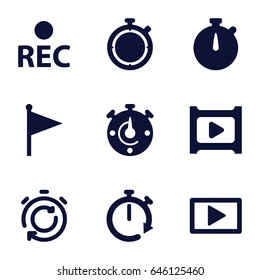 Start icons set. set of 9 start filled icons such as rec, play, stopwatch