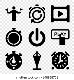 Start icons set. set of 9 start filled icons such as man with flags, finger pressing play button, play, switch off, stopwatch