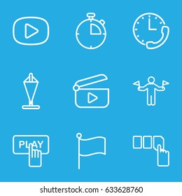 Start icons set. set of 9 start outline icons such as man with flags, finger pressing play button, push button, play, stopwatch