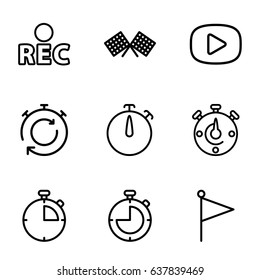 Start icons set. set of 9 start outline icons such as rec, play, stopwatch, finish flag
