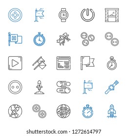 start icons set. Collection of start with startup, stopwatch, internet, buttons, watch, flags, switch, button, stopclock, flag, website, play button. Editable and scalable start icons.
