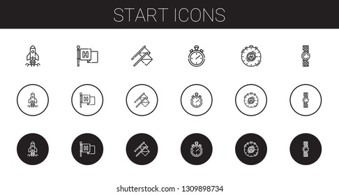 start icons set. Collection of start with startup, flag, flags, stopwatch, watch. Editable and scalable start icons.