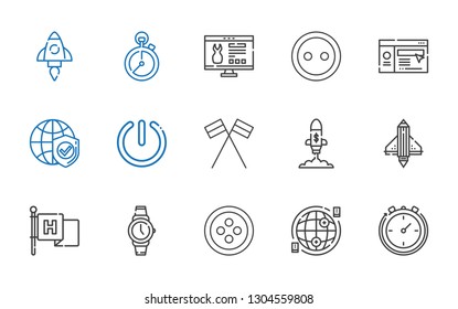 start icons set. Collection of start with stopclock, internet, button, watch, flag, startup, flags, power, website. Editable and scalable start icons.