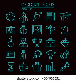 Start up icons set in thin line style. Neon color on black background
