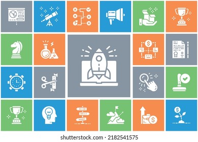 Iniciar el conjunto de iconos. Administración de tiempo, generación de ideas, ilustración de vector de presentación para publicidad, banner de cabecera, sitio web.