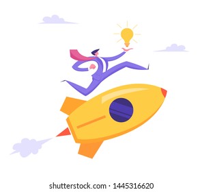 Start Up Idea Concept. Business Project with Rocket and Businessman Character Run with Lighting Bulb in Hand. New Product or Service Launch, Goal Achievement, Insight. Cartoon Flat Vector Illustration