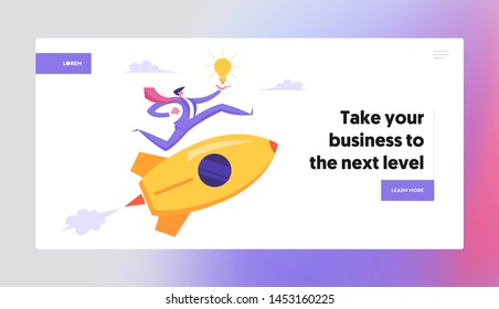 Start Up Idea Concept. Business Project with Rocket and Businessman Character Run with Light Bulb. Goal Achievement, Insight. Website Landing Page, Web Page. Cartoon Flat Vector Illustration, Banner