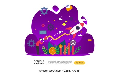 start up idea concept. project business with rocket tiny people character. new product or service launch template for web landing page, banner, presentation, social, print media. Vector illustration