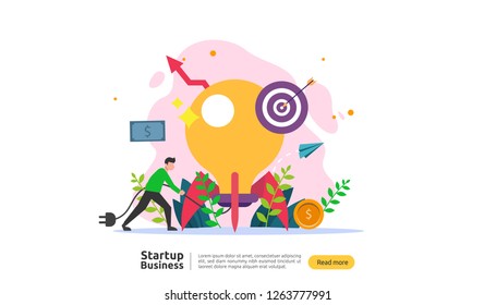 start up idea concept. project business with rocket tiny people character. new product or service launch template for web landing page, banner, presentation, social, print media. Vector illustration