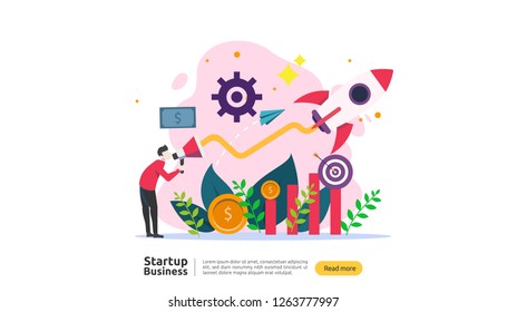 Konzept der Idee starten. Projektgeschäft mit Raketencharakter winzige Menschen. neue Produkt- oder Service-Startvorlage für Web-Landing-Seite, Banner, Präsentation, Social, Print Media. Vektorgrafik