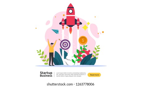 start up idea concept. project business with rocket tiny people character. new product or service launch template for web landing page, banner, presentation, social, print media. Vector illustration