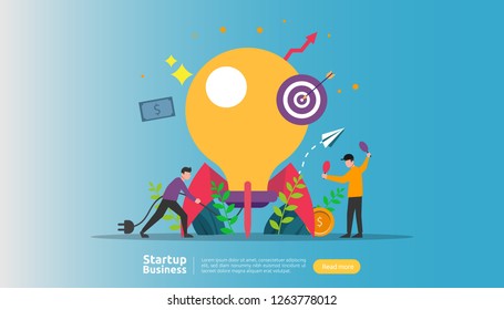 start up idea concept. project business with rocket tiny people character. new product or service launch template for web landing page, banner, presentation, social, print media. Vector illustration